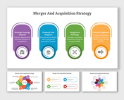 A pack of slides outlining elements of merger and acquisition strategy from strategic synergy analysis to cultural alignment.