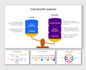 Slide pack showing a cost benefit analysis with a scale balancing costs and benefits, using colorful charts and diagrams.