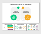 Corporate restructuring cover with two parts financial and organization restructuring, each shown with icons.