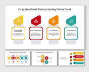 Organizational restructuring slides with distinct colored shapes, each featuring icons and descriptions.