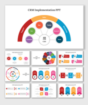 CRM implementation presentation featuring a circular model and various stages of processes across multiple slides with icons.