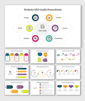 Slide deck cover with a central SEO audit hexagon graphic connected to six elements placed in white background.