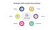 Slide deck cover with a central SEO audit hexagon graphic connected to six elements placed in white background.