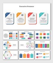 Slide deck on developing Executive Presence with topics in different colorful layout designs with icons.