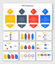 Slide pack featuring PICO question framework with multiple layouts, using yellow, red, blue, and gray color schemes.