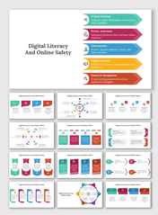 Slide deck on digital literacy and online safety, featuring colorful arrow designs and icons in various infographic layouts.