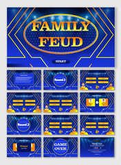 Slide deck for a family feud game, with vibrant blue backgrounds, golden accents with many rounds, icons, and text boxes.