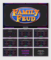 Interactive Family Feud style slide deck with themed game rounds, question slides, answer options, and a closing slide.