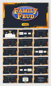 Family feud game slides featuring game rounds, questions, and a winner announcement on a dark backdrop.