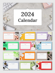 2024 calendar slides with colorful monthly layouts, each page featuring a different background with office supplies.