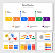 Collection of slides showing unique flowchart arrangements, using various colors and shapes like arrows, circles, and lines.