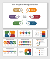 Slide deck on risk mitigation, featuring process diagrams, segmented shapes, and icons for visual clarity.