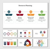 Pack of slides showing management concepts with icons, flowcharts, and descriptions in a colorful clean layout.