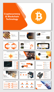 Slide deck in orange and white, explaining cryptocurrency concepts, blockchain elements, challenges, and buying tips.