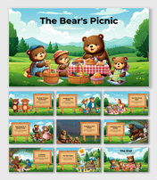 Storybook slide deck featuring a bear family enjoying a picnic in a lush green forest, with wooden signboards for text.