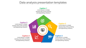 Data analysis  template featuring a pentagon with five colorful segments, each labeled with captions and icons.