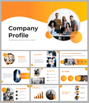 Company profile slide deck with orange and white theme, showcasing team photo, charts, and business related content.