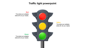 A black traffic light with red, yellow, and green illuminated sections, each with labels beside.