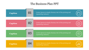 Four-step business plan slide with colorful bars labeled 01 to 04, each containing an icon and placeholder text.