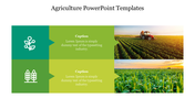 Agriculture presentation slide with crop icons on the left and vibrant photos of farming fields on the right with captions.