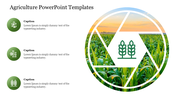 A visually appealing agriculture slide showcasing a circular design with a field image and green colored icons.