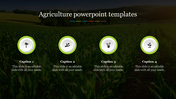 Four circular green icons representing agriculture concepts on a dark field background, with captions below each.