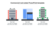 Commercial real estate slide featuring icons of three colored office buildings with space for placeholder text.