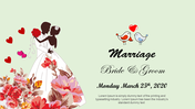 Marriage slide features an illustration of a bride and groom with red hearts and floral accents.