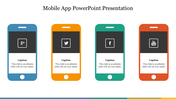 Mobile app slide with colorful phone icons representing social media platforms, featuring three  captions areas.