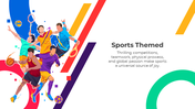 Colorful sports-themed slide featuring athletes in action poses with bold lines and dynamic text in a white background.