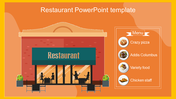 Restaurant themed slide with an illustrated building facade and a menu showing pizza and other food items on orange backdrop.