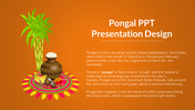 Slide showcasing the Pongal festival, featuring a decorated pot with traditional rice offerings and colorful rangoli designs.