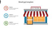 Retail store graphic slide with a striped awning, surrounded by three circular icons representing various shopping elements.