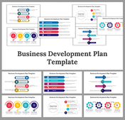 A pack of business development plan slides showcasing various colorful layouts with diagrams and strategic goals.