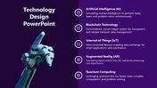 Purple slide with a robotic hand graphic and five technology-related text sections with matching icons on the right.