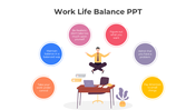 Slide design focused on achieving work life balance, featuring actionable tips and a central figure meditating.