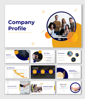 Company profile slide deck with clean visuals, circular graphics, and content sections featuring orange and blue accents.