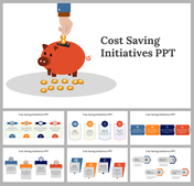 Cost saving initiatives slides featuring a piggy bank with coins being inserted, along with various colorful diagram layouts.