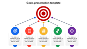 Slide with a target symbol and five connected goal icons, including strategy, growth, and process with text area.