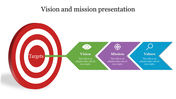 A slide featuring a target and three arrows labeled vision, mission, and values with color coded icons with placeholder text.