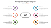 Central project icon, linked to six colored circles with icons, arranged in two columns with captions beside each.