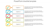 Checklist slide with five captions, each marked with a colorful checkmark and an arrow pointing to description boxes.