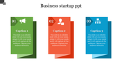 Business startup slide with three sections, each containing icons and captions for different startup activities.