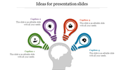 Illustration of colorful light bulbs sprouting from a human head, each with captions for brainstorming presentation ideas.