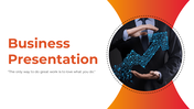 A pack of business presentation slides with sections featuring icons, charts, and images in an orange and white theme.