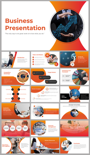 A pack of business presentation slides with sections featuring icons, charts, and images in an orange and white theme.