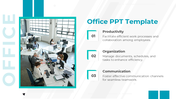 Office PowerPoint slide with a collaborative office scene and key points on productivity, organization, and communication.