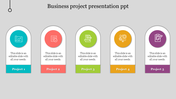 A business project slide layout featuring five tabs with distinct colors, icons, and text areas on a grey background.