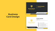 Two business cards in black and white with logos, text, and placeholders on a split yellow and white background.