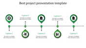 Best project slide featuring a horizontal timeline with five green icons and captions for key project milestones.